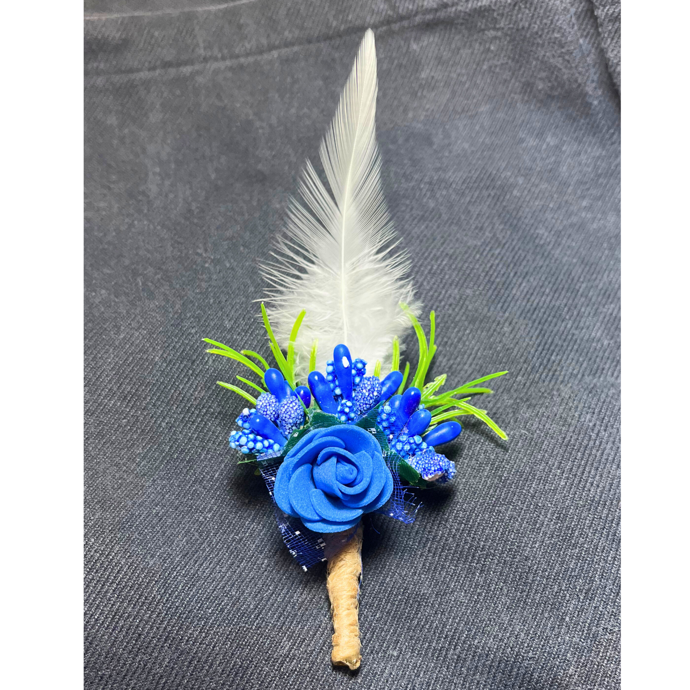 Blue & White Faux Feather Flower Brooch