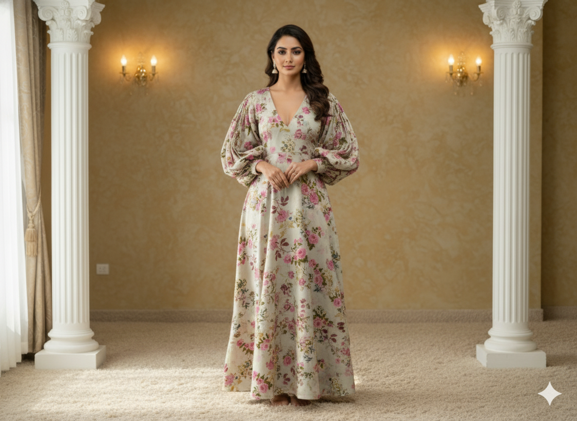 Off White Floral Printed Semi Pashimna Woolen Fabric