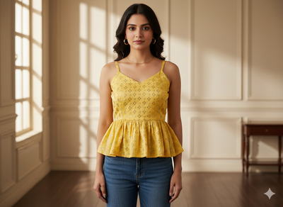 हल्के पीले रंग का मेटैलिक सेक्विन कढ़ाई वाला मलाई साटन कपड़ा