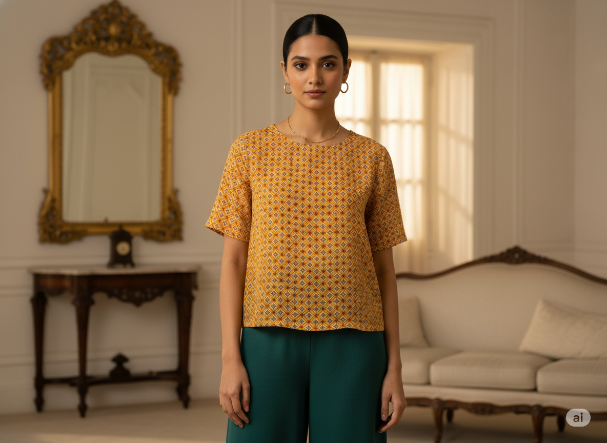 Mango Yellow Diamond Digitally Printed Butter Crepe Fabric