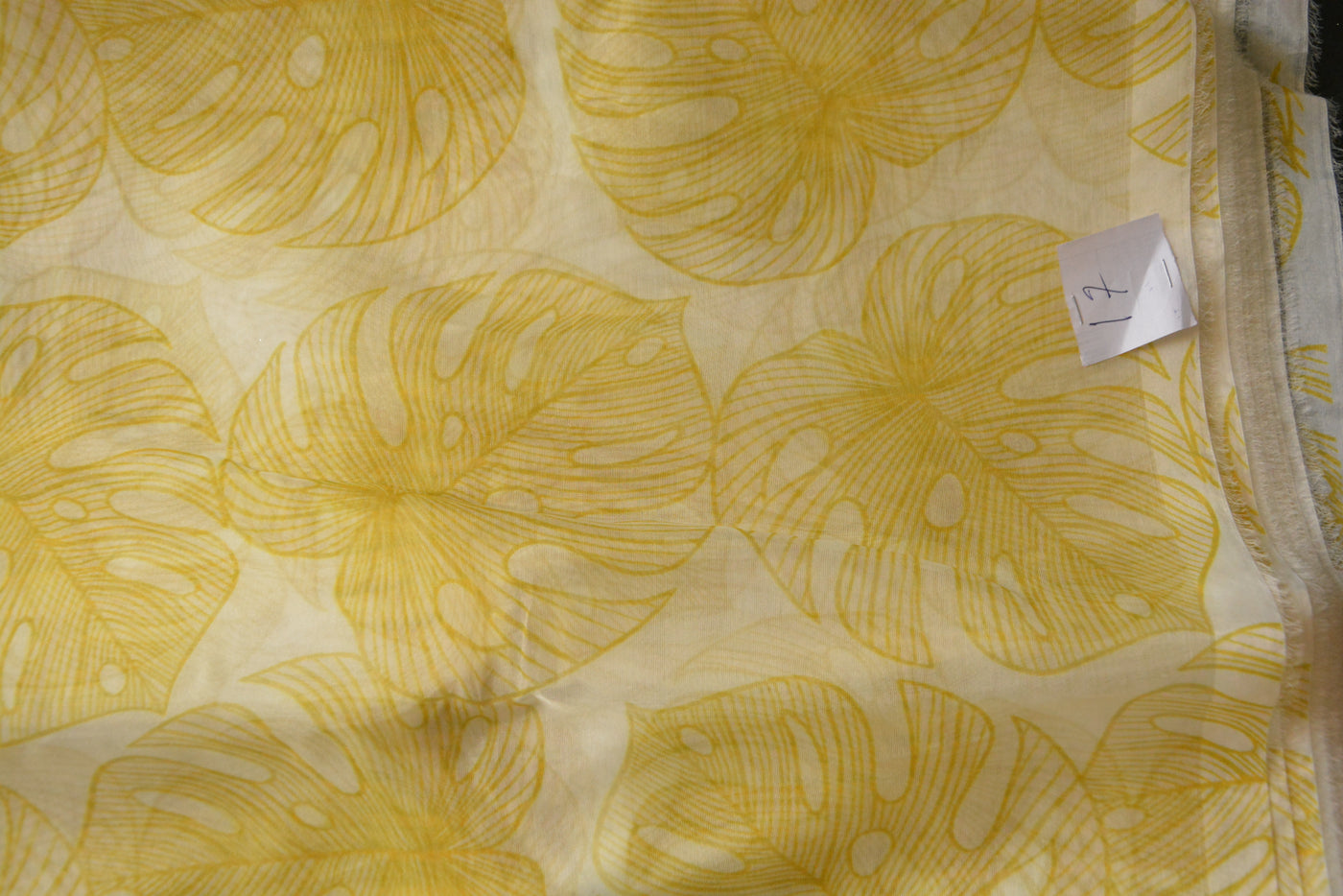 Mustard Yellow Leaf Digital Printed Liquid Organza Fabric