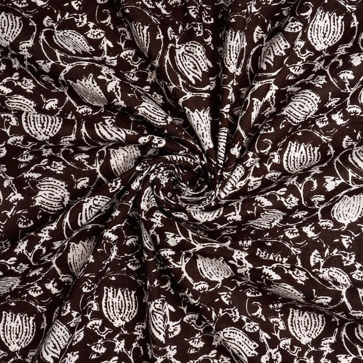 Brown & White Floral Printed Pure Cotton Fabric