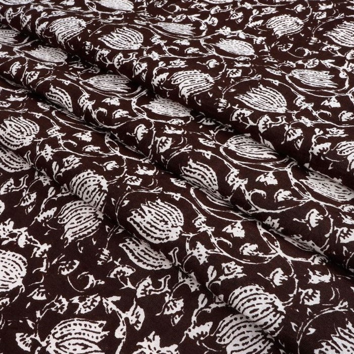 Brown & White Floral Printed Pure Cotton Fabric