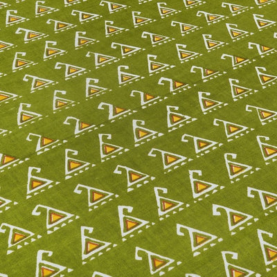 Olive Green & Yellow Motif Printed Pure Cotton Fabric