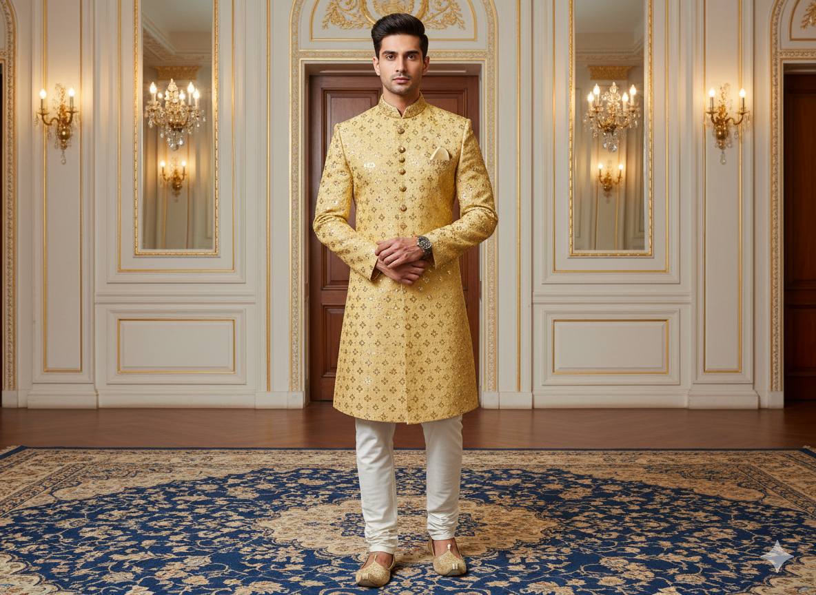 हल्के पीले रंग का मेटैलिक सेक्विन कढ़ाई वाला मलाई साटन कपड़ा