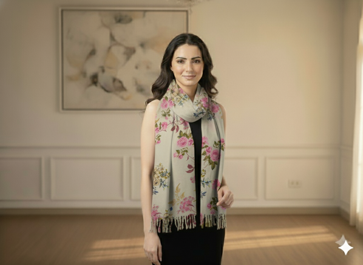 Off White Floral Printed Semi Pashimna Woolen Fabric