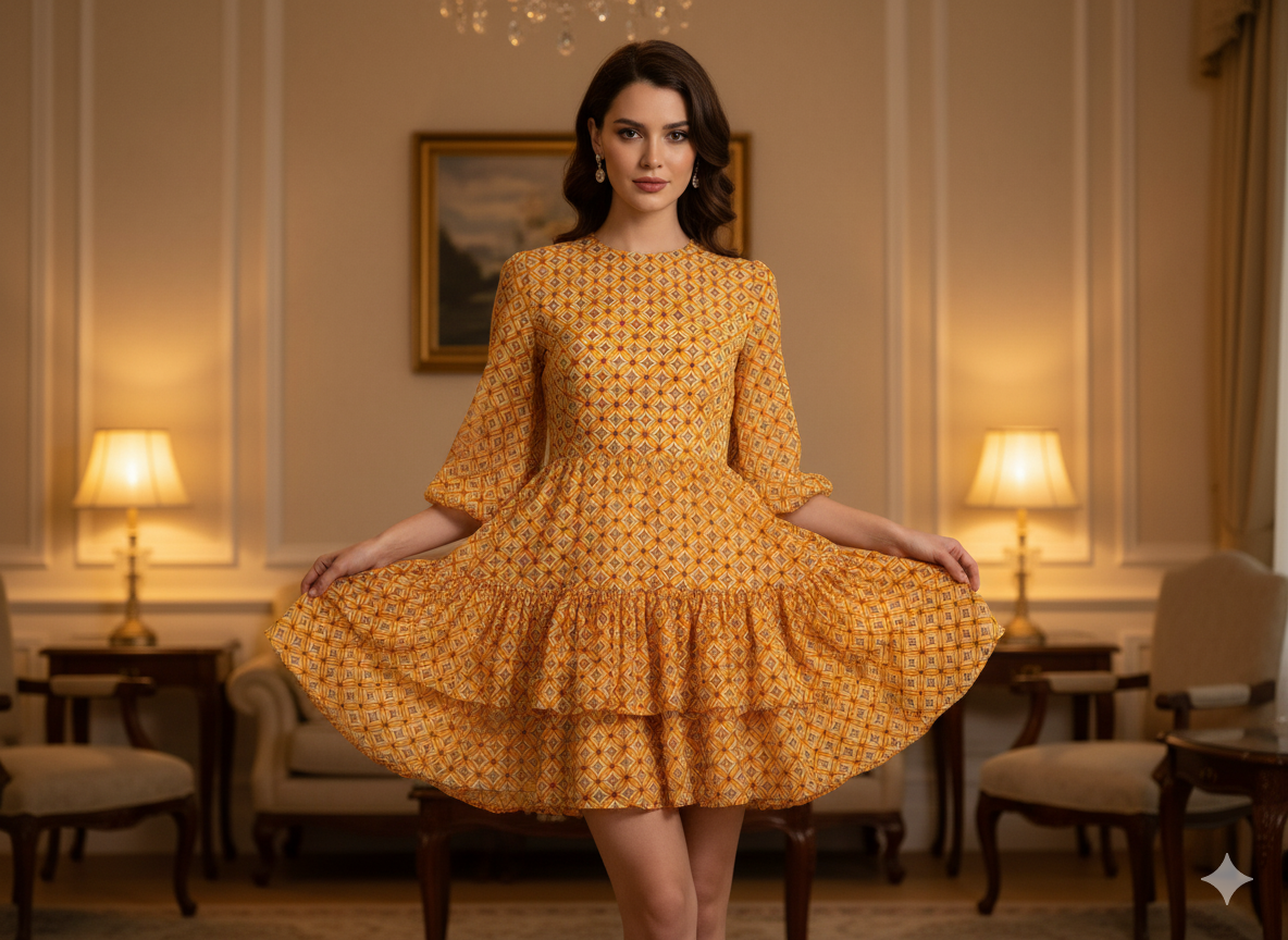 Mango Yellow Diamond Digitally Printed Butter Crepe Fabric