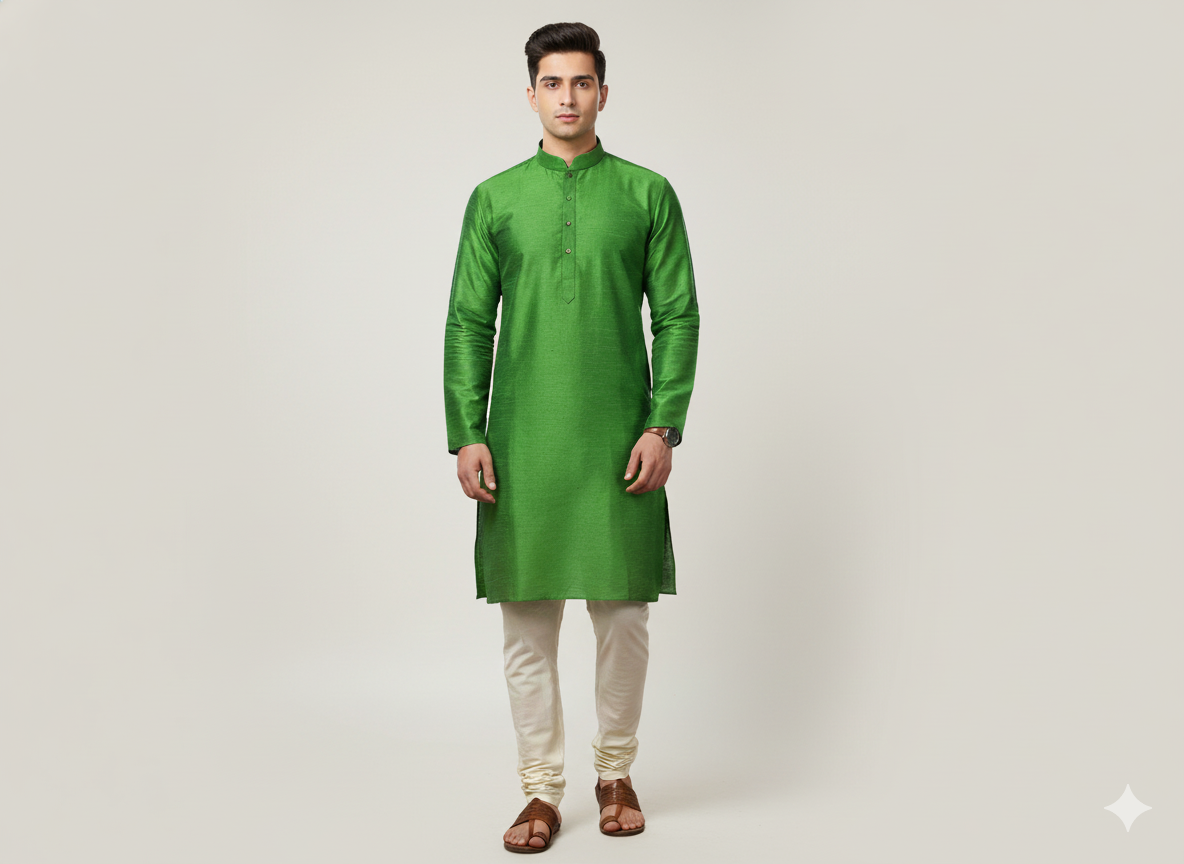 Parrot Green Plain Bangalore Raw Silk Fabric  (Wholesale)