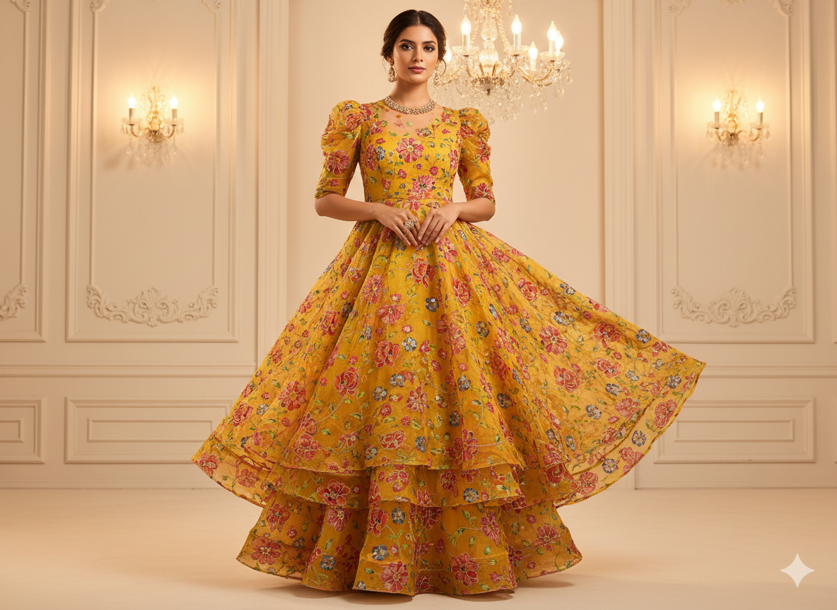 Yellow Natural Crepe With Zari Embroidered Fabric