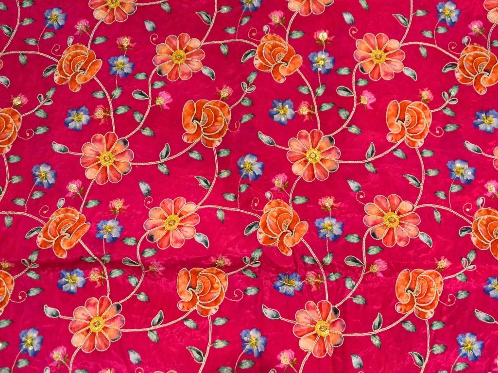 Rani Pink Natural Crepe With Zari Embroidered Fabric