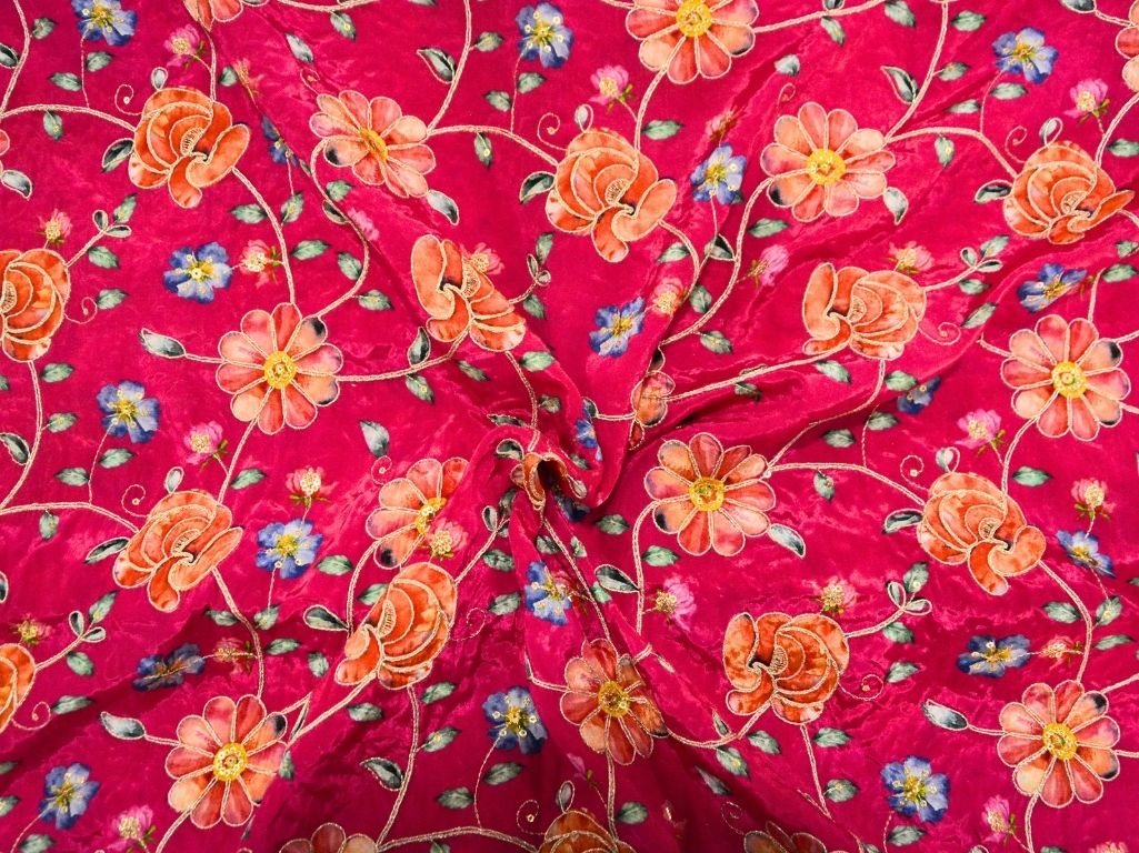 Rani Pink Natural Crepe With Zari Embroidered Fabric
