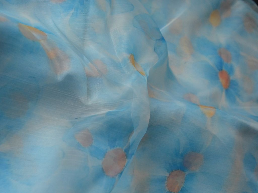 Light Blue Floral Digital Printed Liquid Organza Fabric