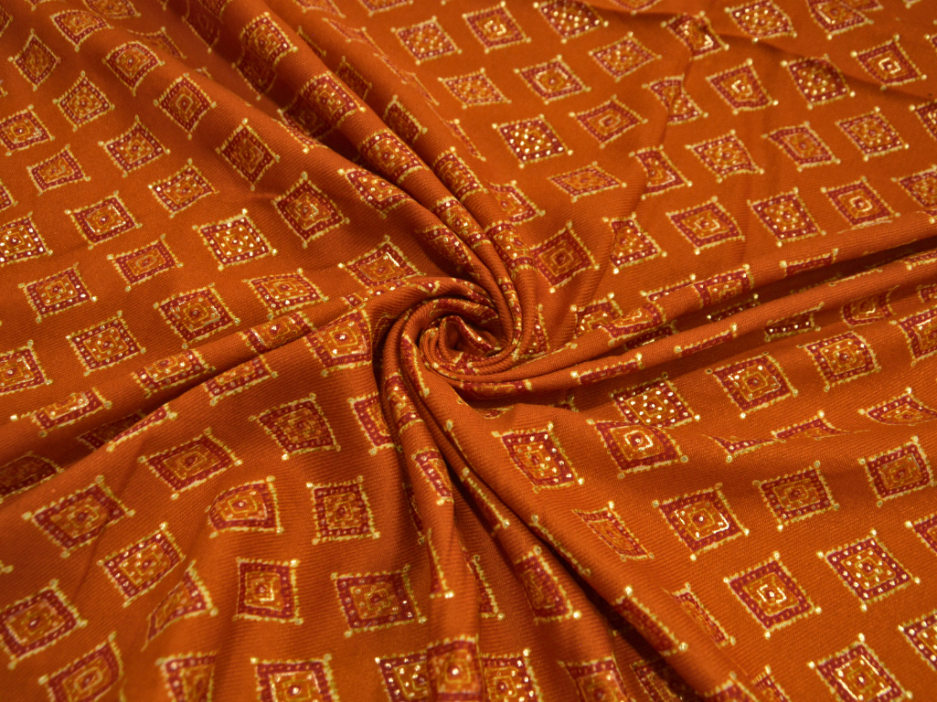 Orange Diamond Printed Semi Pashimna Woolen Fabric