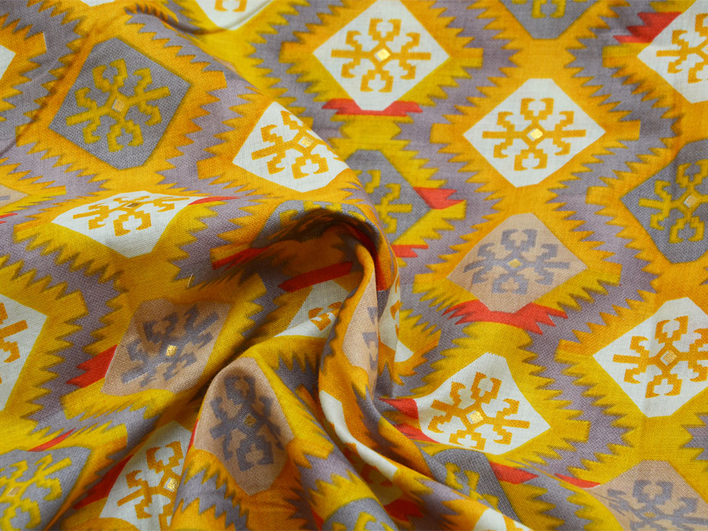 Yellow Ajrak Pure Mul Mul Cotton Fabric