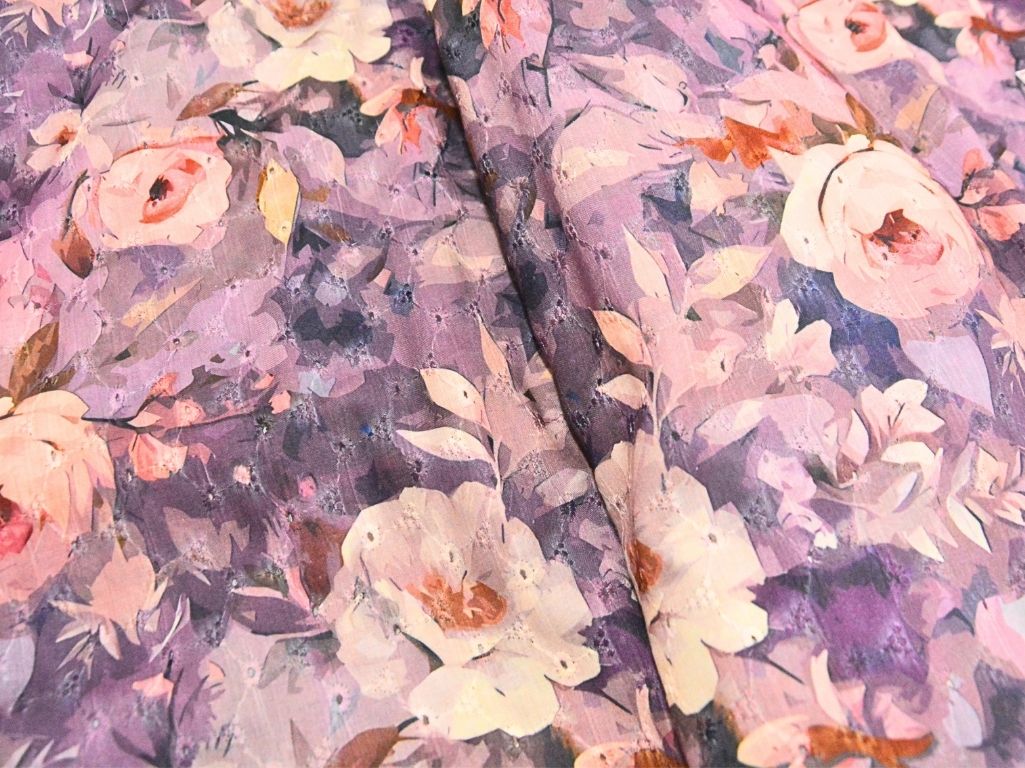 Plum 100 % Pure Cotton Chikan Embroidered Fabric