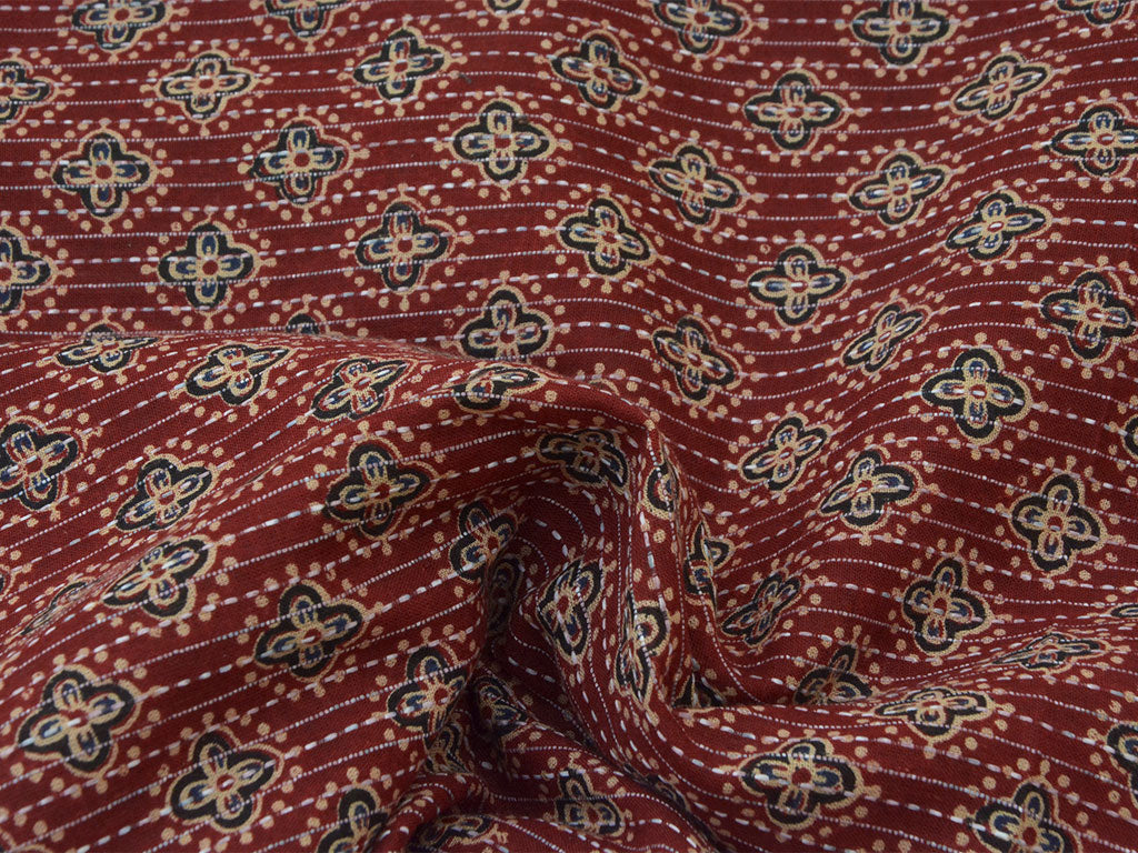 Red Floral Pure Cotton Kantha Fabric