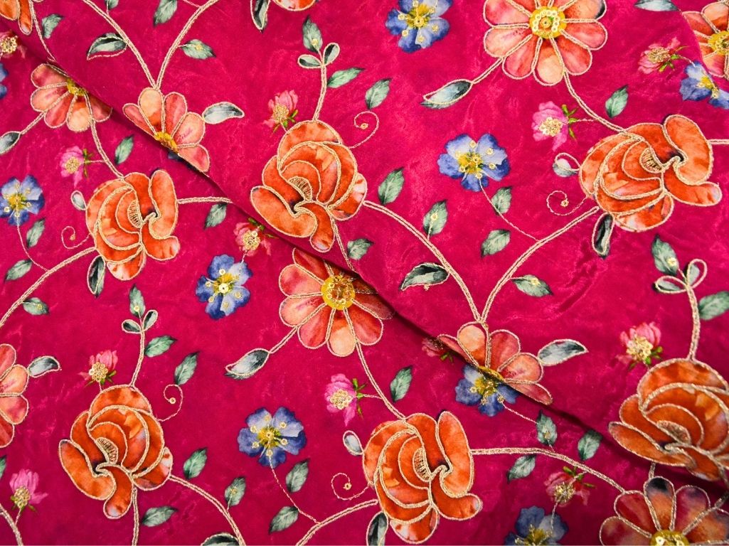 Rani Pink Natural Crepe With Zari Embroidered Fabric