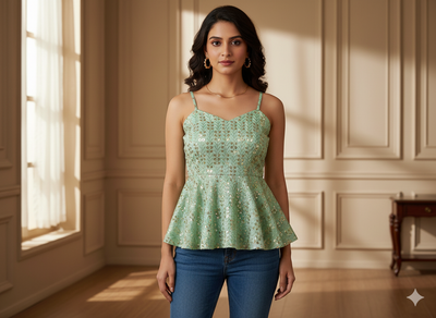 मिंट ग्रीन मेटैलिक सेक्विन कढ़ाई मलाई साटन फैब्रिक