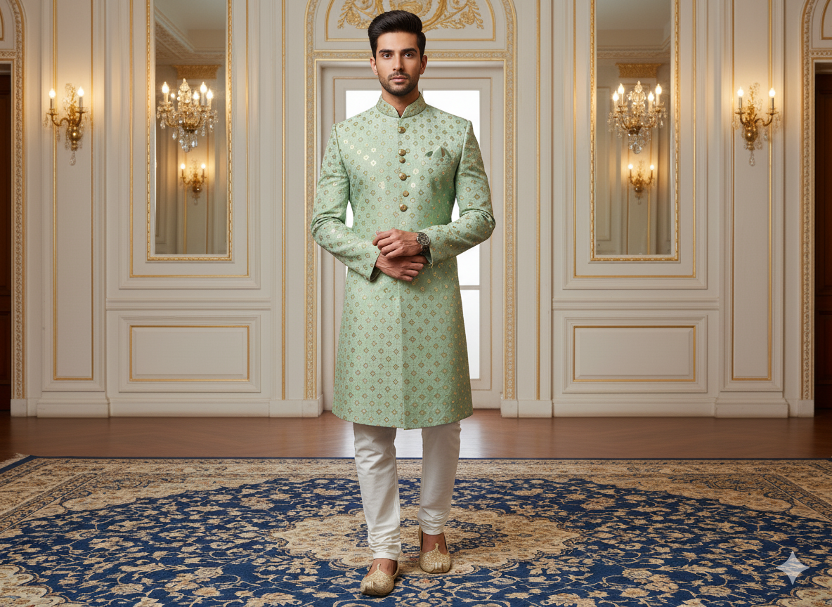 मिंट ग्रीन मेटैलिक सेक्विन कढ़ाई मलाई साटन फैब्रिक