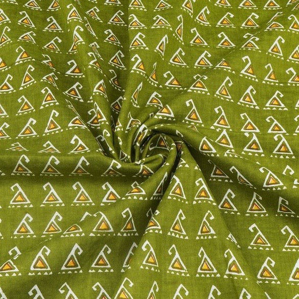 Olive Green & Yellow Motif Printed Pure Cotton Fabric