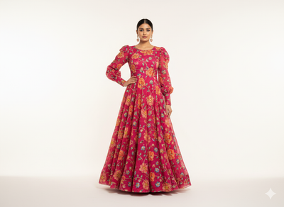 Rani Pink Natural Crepe With Zari Embroidered Fabric