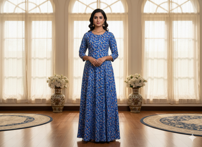 Sea Blue Leaf Digitally Printed Butter Crepe Fabric