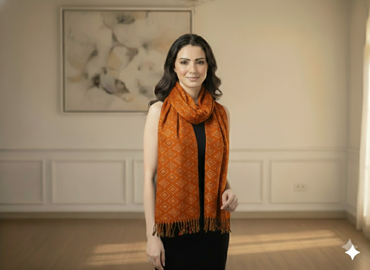 Orange Diamond Printed Semi Pashimna Woolen Fabric