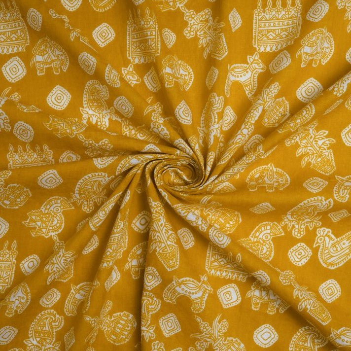 Mustard & White Traditional Printed Pure Cotton Fabric