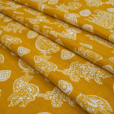 Mustard & White Traditional Printed Pure Cotton Fabric