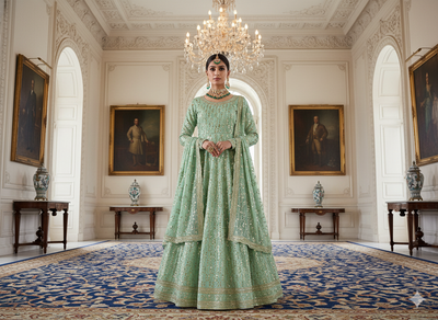 मिंट ग्रीन मेटैलिक सेक्विन कढ़ाई मलाई साटन फैब्रिक