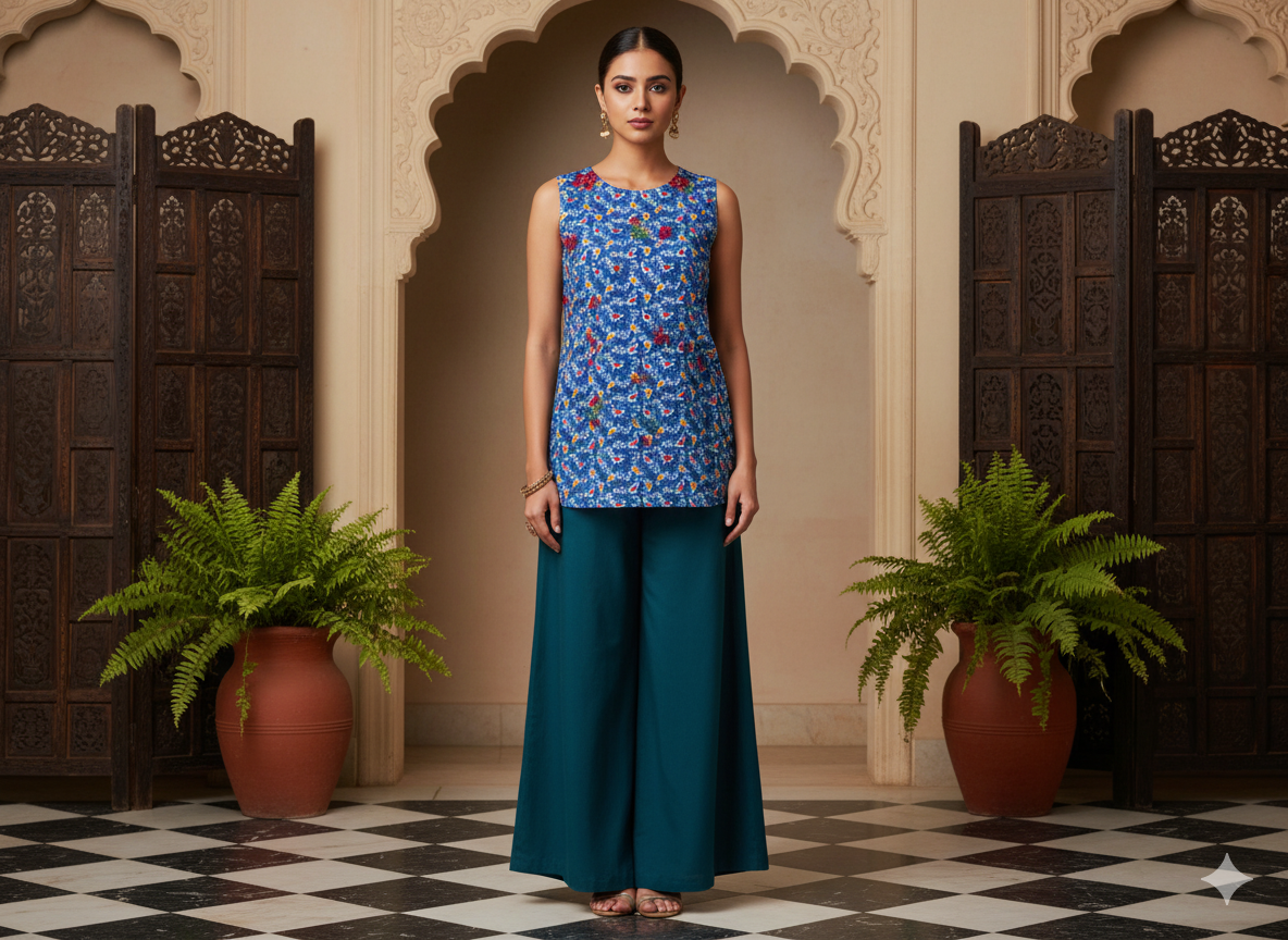 Sea Blue Leaf Digitally Printed Butter Crepe Fabric