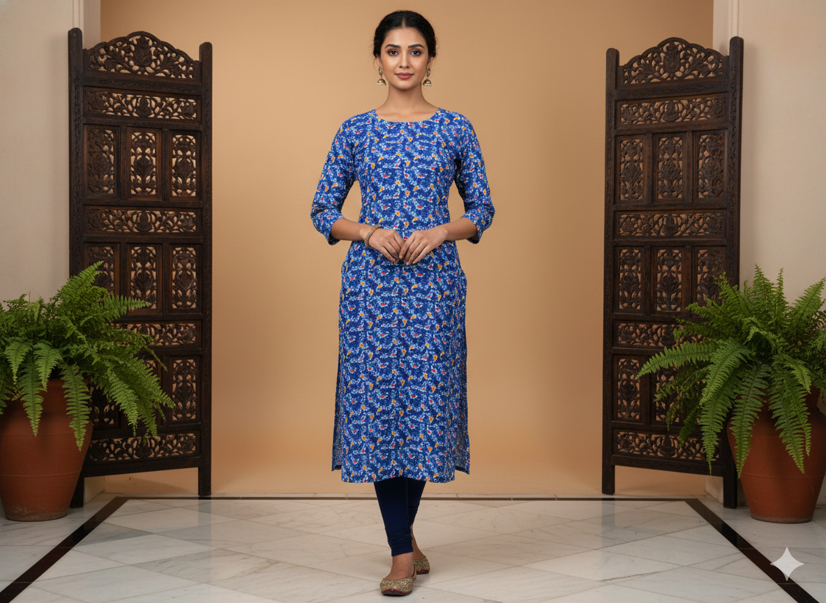 Sea Blue Leaf Digitally Printed Butter Crepe Fabric