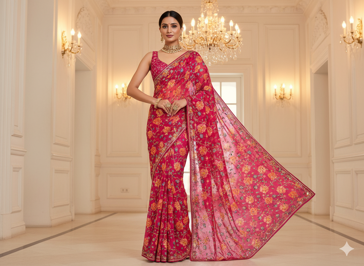 Rani Pink Natural Crepe With Zari Embroidered Fabric
