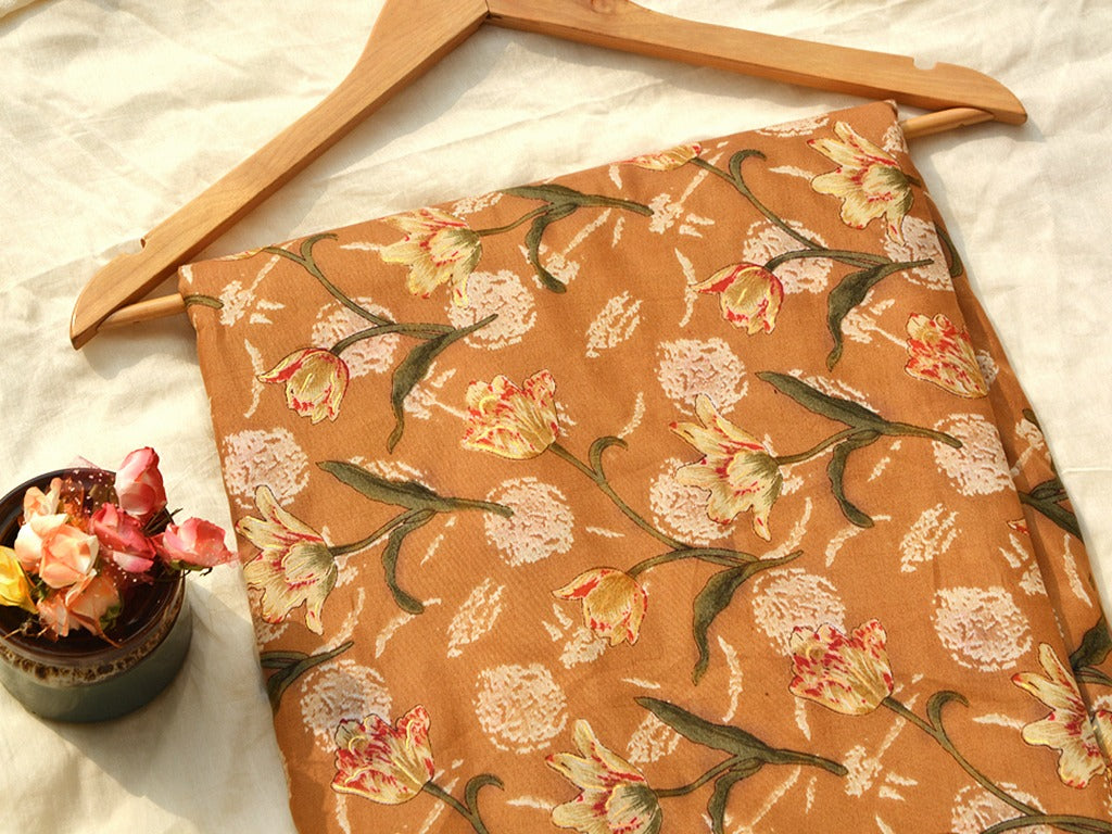 Light Brown Floral Soft Cotton Muslin Fabric