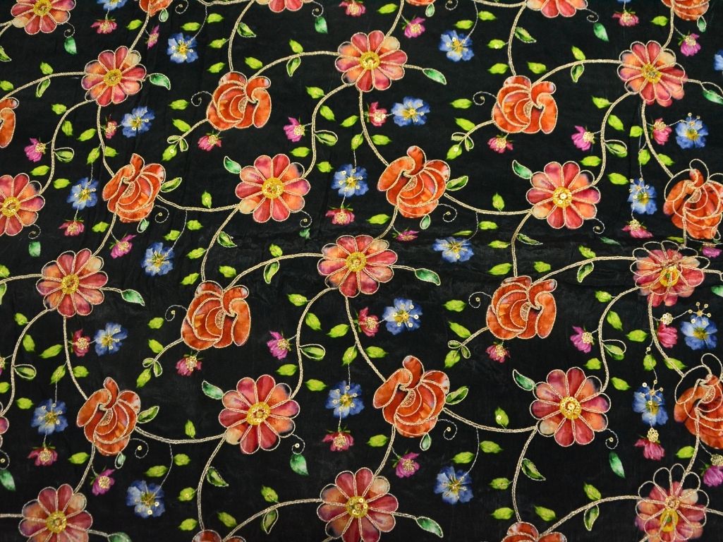 Black Natural Crepe With Zari Embroidered Fabric