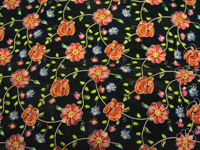 Black Natural Crepe With Zari Embroidered Fabric
