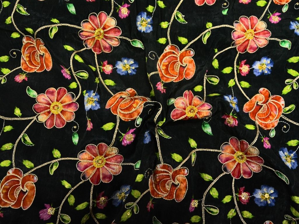 Black Natural Crepe With Zari Embroidered Fabric
