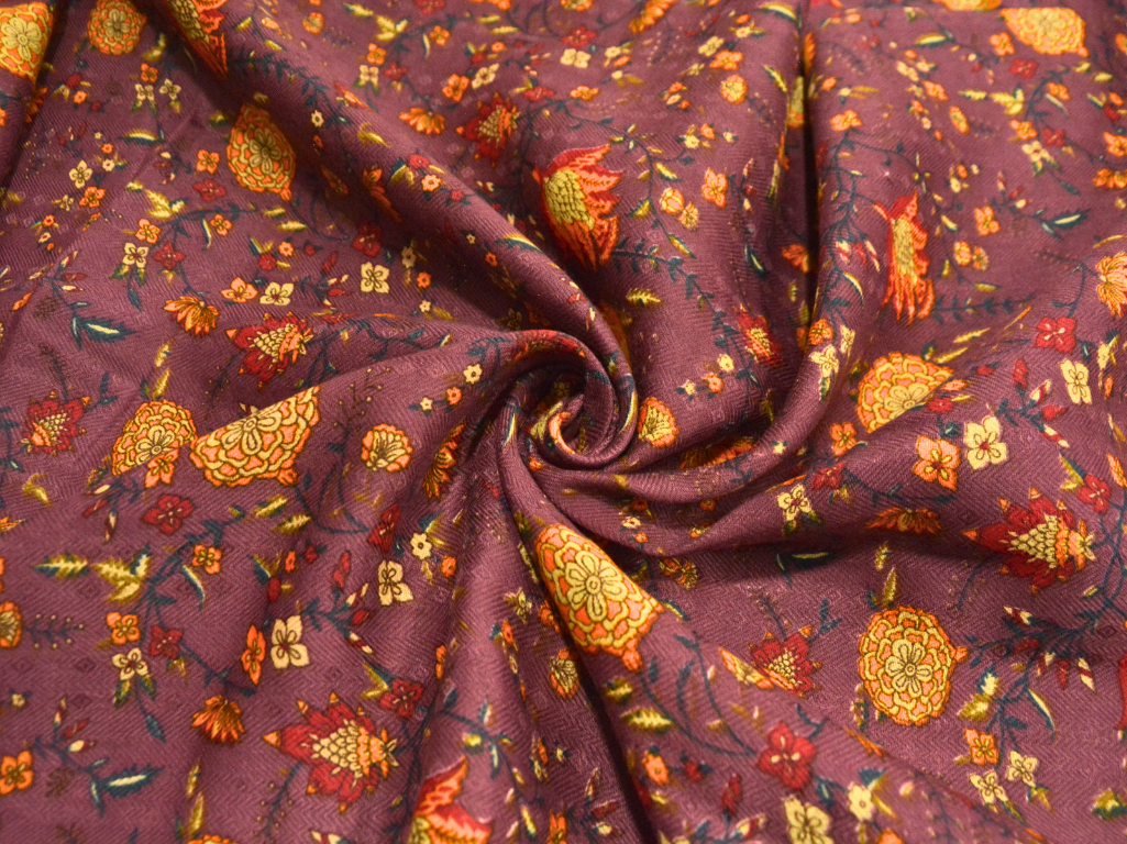 Purple Floral Printed Semi Pashimna Woolen Fabric