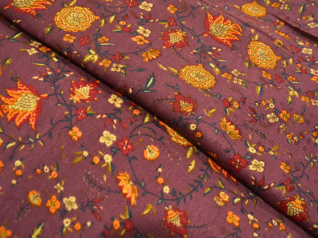 Purple Floral Printed Semi Pashimna Woolen Fabric