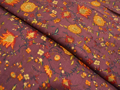 Purple Floral Printed Semi Pashimna Woolen Fabric