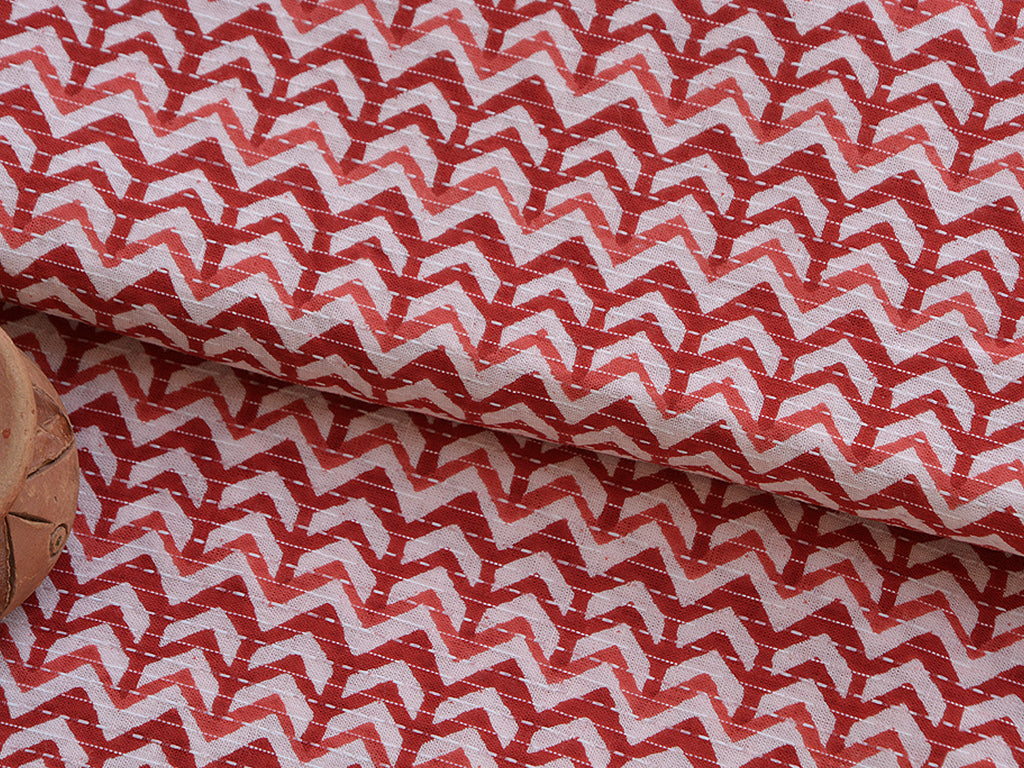 Red Chevron Design Pure Cotton Kantha Fabric