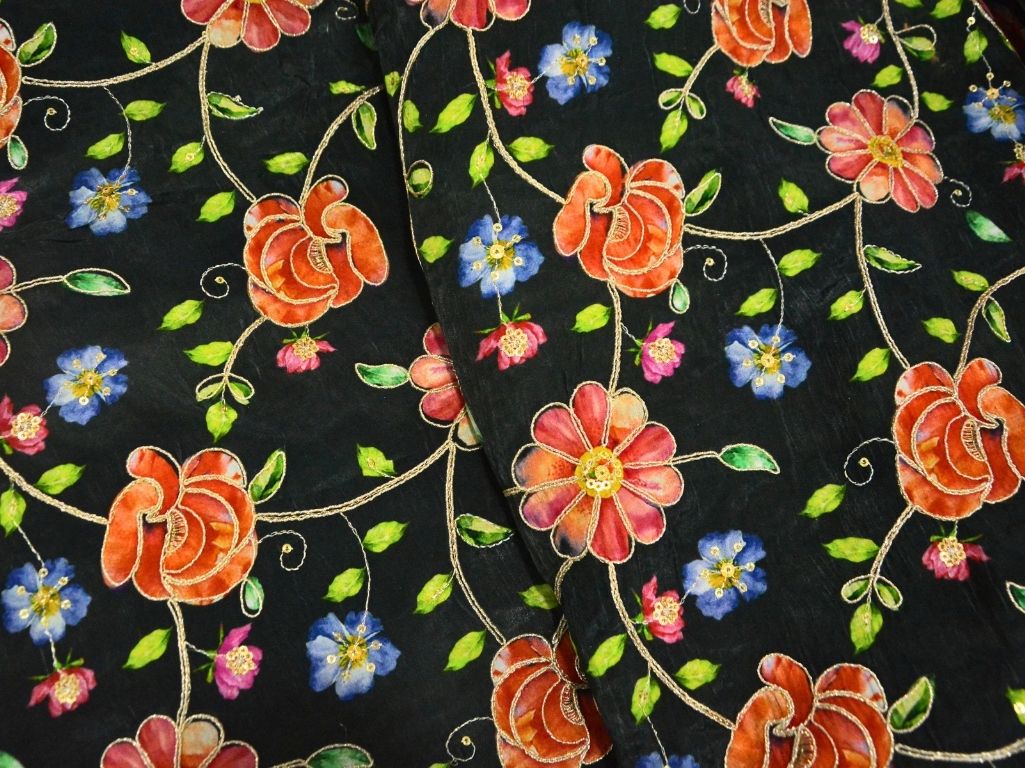 Black Natural Crepe With Zari Embroidered Fabric