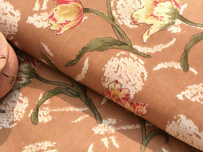 Light Brown Floral Soft Cotton Muslin Fabric