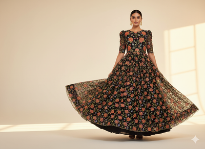 Black Natural Crepe With Zari Embroidered Fabric