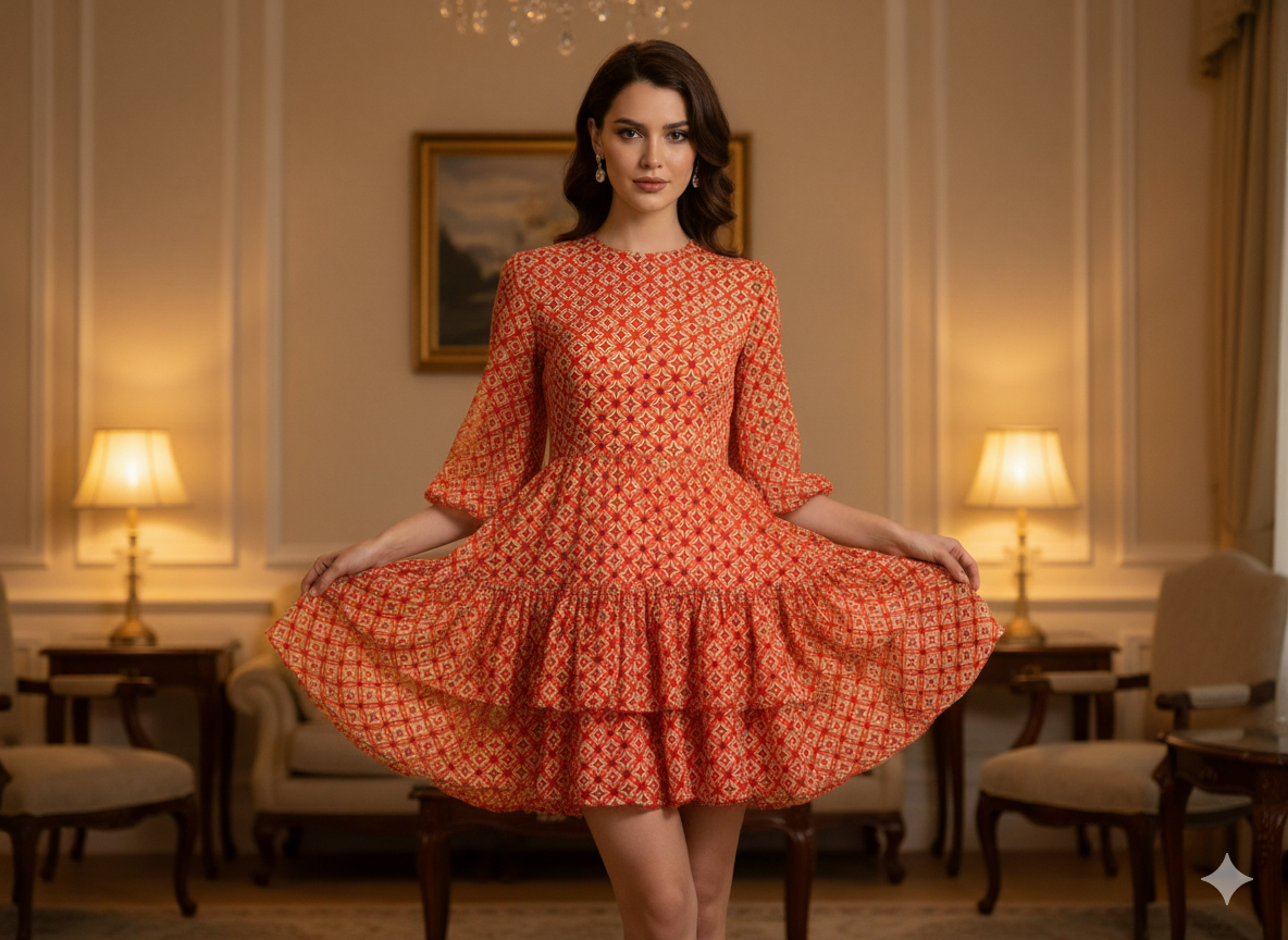 Red Diamond Digitally Printed Butter Crepe Fabric
