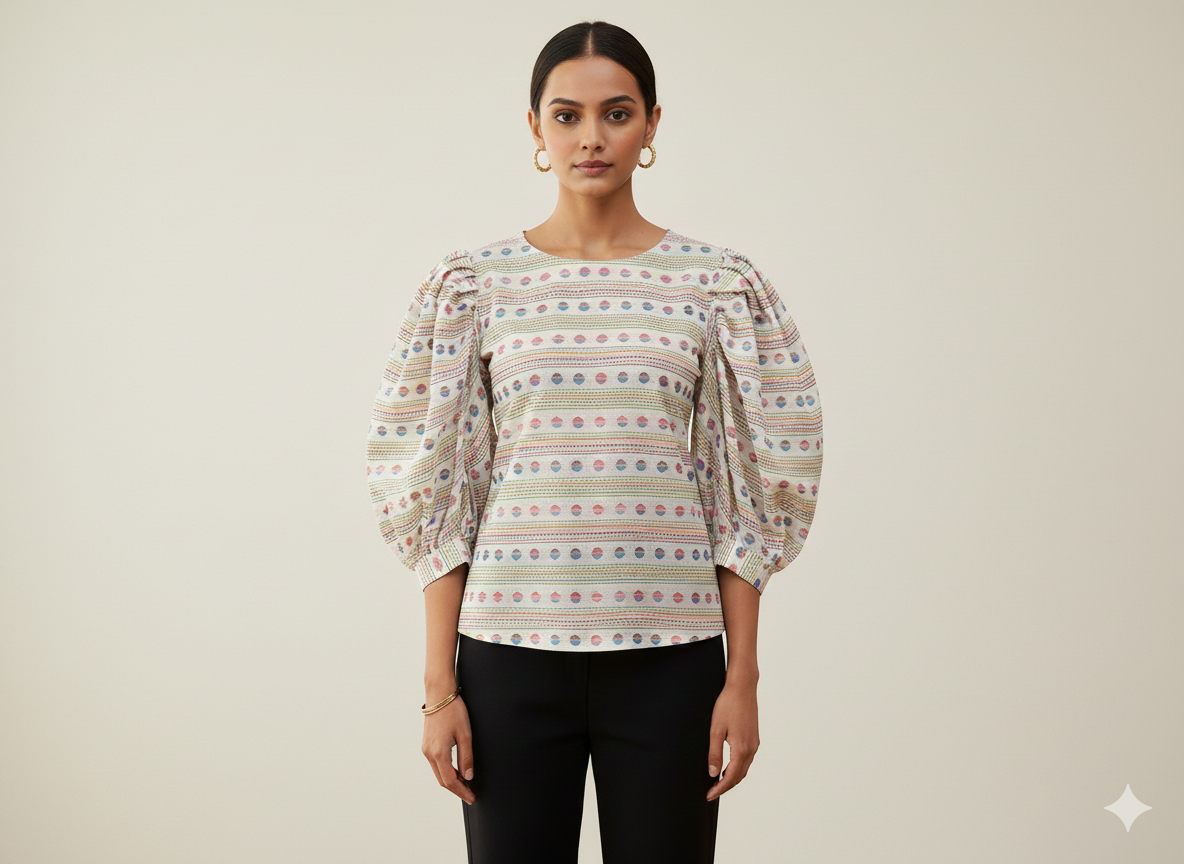 मल्टीकलर स्ट्रिप्स और पोल्का डॉट पैटर्न शुद्ध कॉटन जैक्वार्ड फ़ैब्रिक