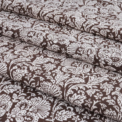 Dark Brown & White Floral Printed Pure Cotton Fabric