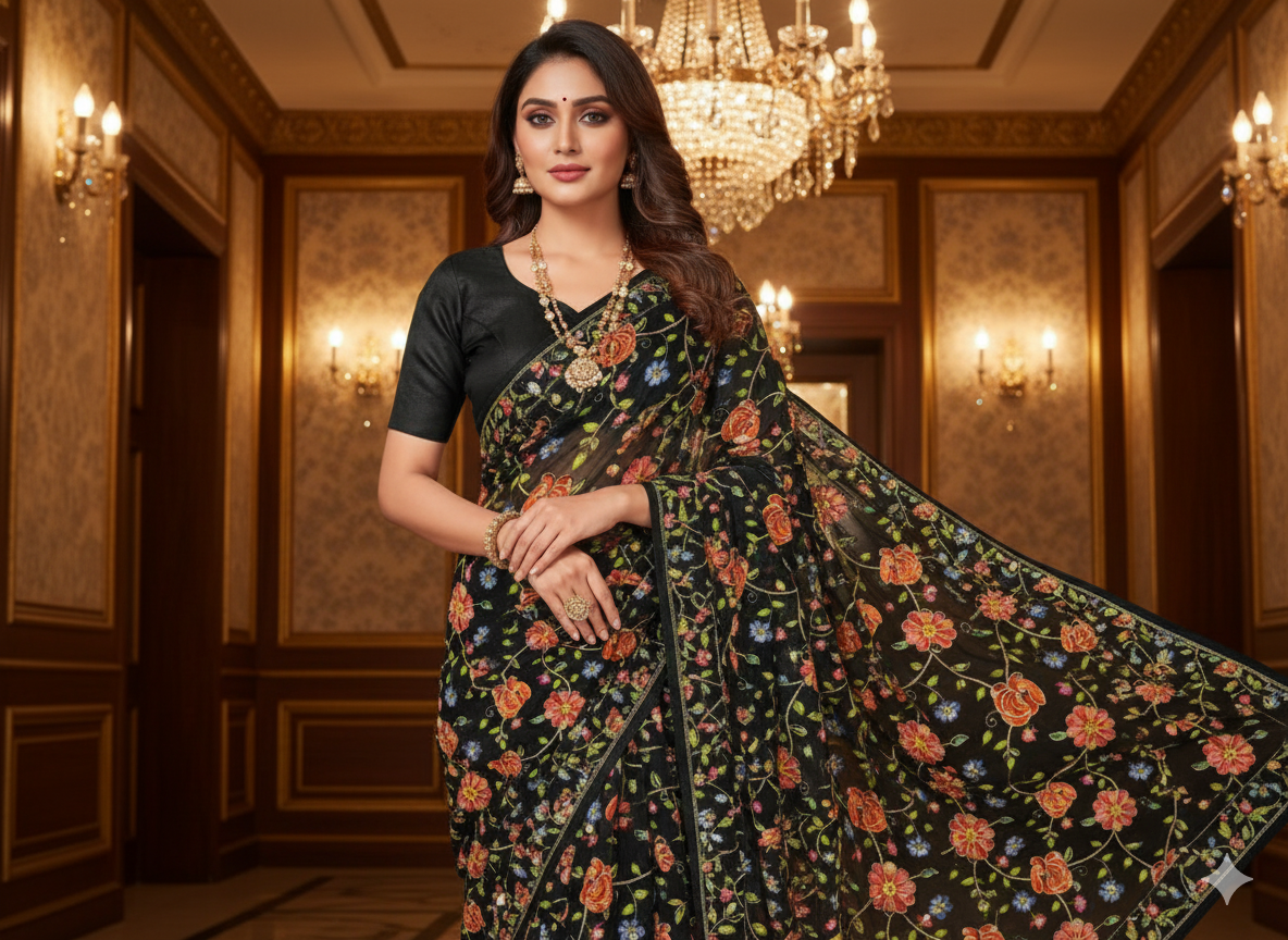 Black Natural Crepe With Zari Embroidered Fabric