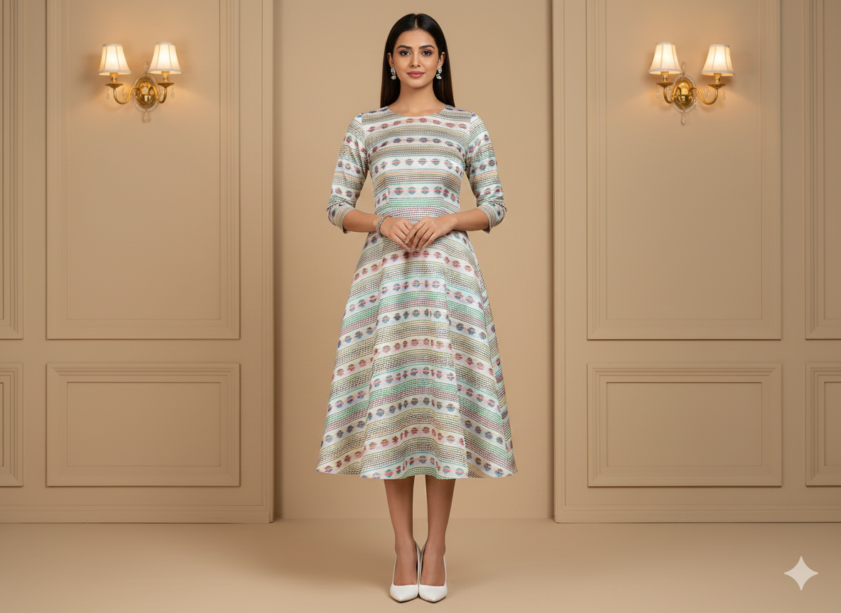 मल्टीकलर स्ट्रिप्स और पोल्का डॉट पैटर्न शुद्ध कॉटन जैक्वार्ड फ़ैब्रिक