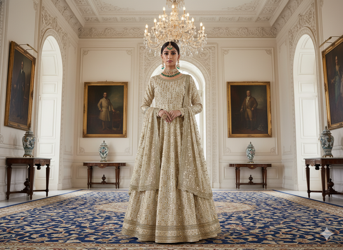 ऑफ व्हाइट मेटैलिक सेक्विन कढ़ाई मलाई साटन फैब्रिक